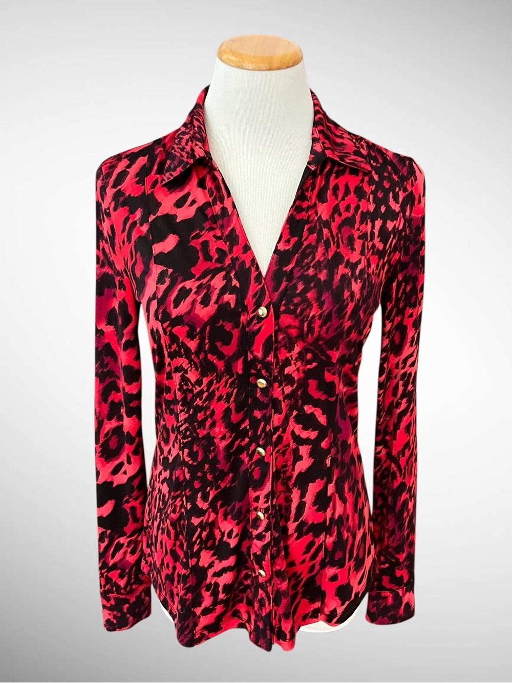 Cache Vintage Buttondown Red Leopard Print Blouse Long Sleeves